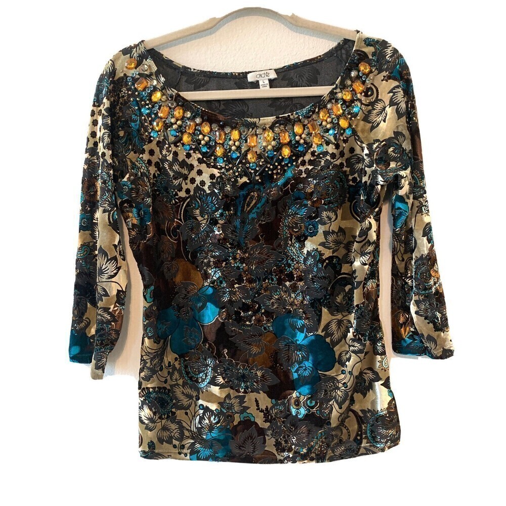 Cache Womens Size Large Multicolor Floral Velvet Embellished Stretch Blouse